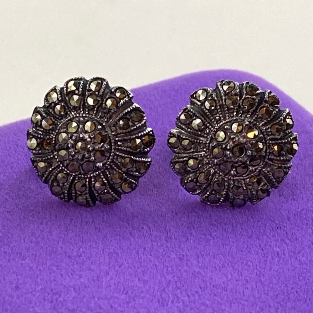 💛 Vintage Sterling Marcasite Screw Back Earrings | Gothic Romance | Art Deco